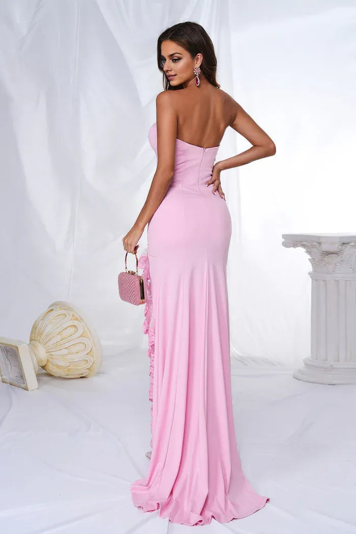 Weitese Dress Pink Mermaid Strapless Ruffles Maxi Dress Prom Dress With Slit Evening Dress